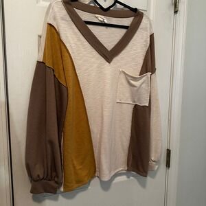 BiBi Womens Colorblock V-Neck Long Sleeve Top Brown Mustard Cream Large